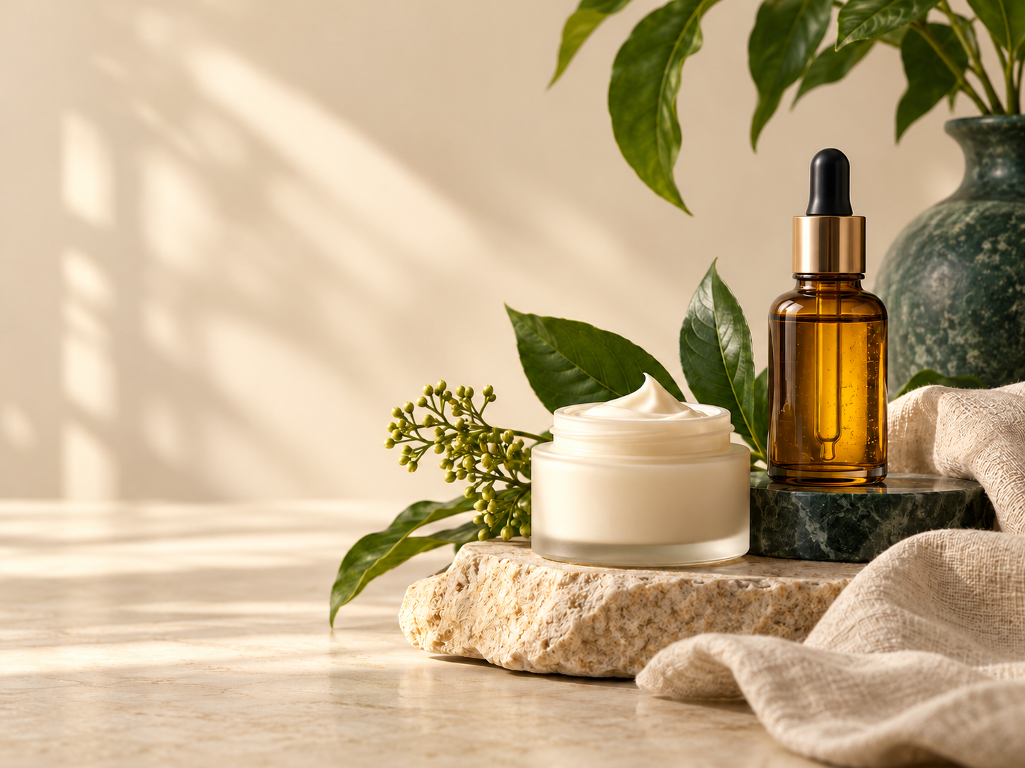 Illustrative skincare still life with products arranged on the right and clear warm-cream space on the left